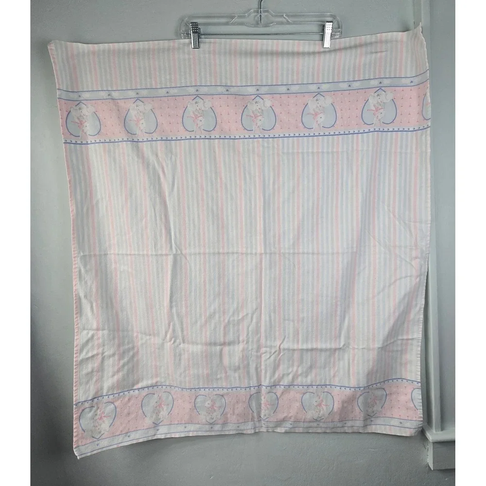 Vintage 1989 Genesis Inc Baby Blanket Pink Blue Stripe Bunny Heart Flannel 34x38